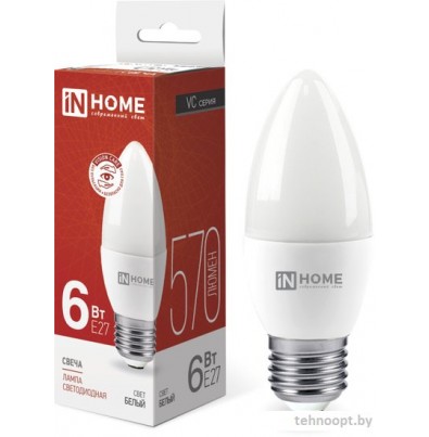 Светодиодная лампочка In Home LED-Свеча-VC 6Вт 230В Е27 4000К 570Лм 4690612020419