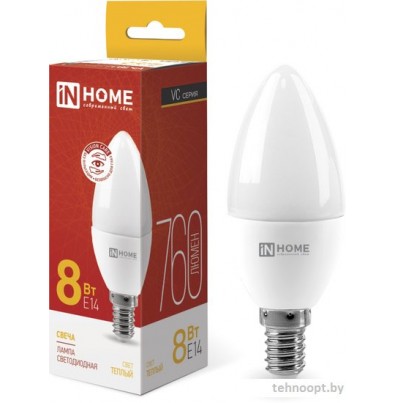 Светодиодная лампочка In Home LED-Свеча-VC 8Вт 230В Е14 3000К 760Лм 4690612020426