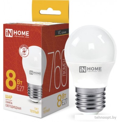 Светодиодная лампочка In Home LED-Шар-VC 8Вт 230В Е27 3000К 760Лм 4690612020563